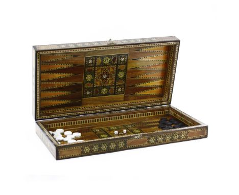 Fine Middle Eastern Mother of Pearl Inlaid Mosaic Backgammon Board. Minor wear to edges, missing one checker, doubling cube, 