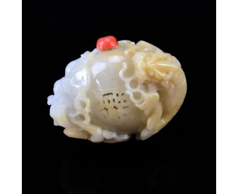 19th/20th Century Chinese Carved Jade Chilung Boulder with Coral Addition. Unsigned. Good Condition. Measures 1-7/8" H x 2-3/