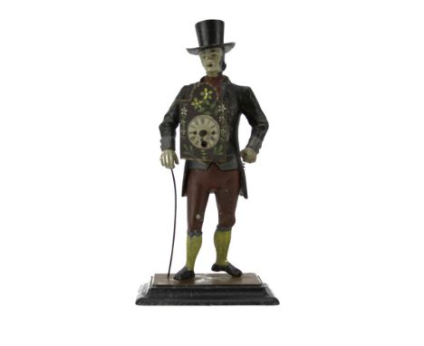 Antique Painted Spelter Figure of a Man as a Clock. Unsigned. "AS IS" condition. Losses, wear. Measures 16" H. Shipping $58.0