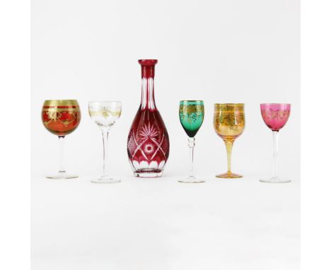 Lot of Crystal Tabletop Items. Includes: Five (5) colored crystal hand painted stemware along with cut to clear decanter 11-3