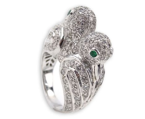 Cartier style approx. 3.10 Carat Pave Set Round Brilliant Cut Diamond and 18 Karat White Gold Two Love Bird Ring. Diamonds E-