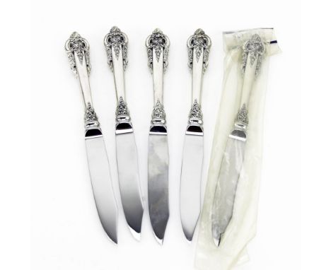 Lot of Five (5) Wallace Grande Baroque Sterling Silver Fruit Knives.  Marked stainless on blade. Good condition. Measures 6-7