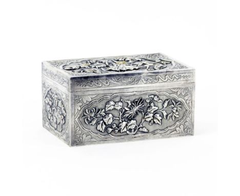 Vintage Japanese Silver and Parcel Gilt Box. Raised floral motif. Signed on bottom. Light dents, wear. Measures 2-5/8" H x 5"