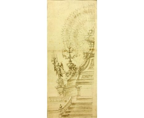 18th Century Roman School Old Master Ink on Paper "Sketch For Altar". Unsigned. Typical toning and light foxing. Measures 123