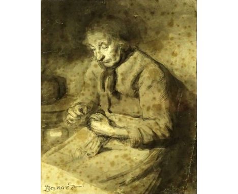 Albert Besnard, French (1849-1934) Pencil, Ink and Gouache on Paper "Woman Sewing". Signed Lower Left Besnard. Toning and Fox