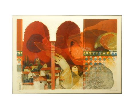 Alvar Sunol Munoz-Ramos (Spanish,b-1935) Embossed Color Lithograph "Femme and the Village" Pencil Signed and Numbered 220/225