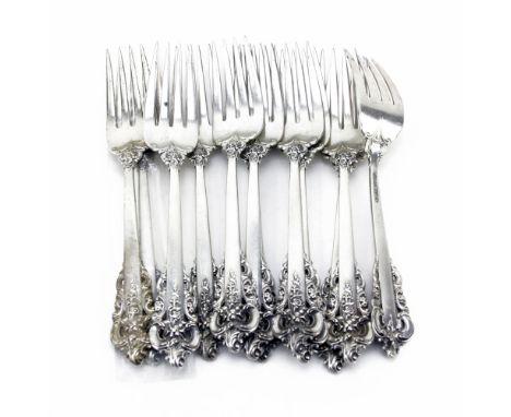 Lot of Twelve (12) Wallace Grande Baroque Sterling Silver Salad Forks. Signed. Good condition, one in original bag. Measures 
