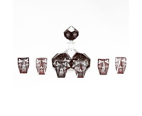Mid 20th Century Art Deco style Etched Glass Cordial Set with Decanter and Six Glasses. Unsigned. Minor surface wear/scratche