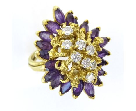 Heavy Vintage Approx. 1.0 Carat Round Brilliant Cut Diamond, Marquise Shape Amethyst and 18 Karat Yellow Gold Ballerina Ring.