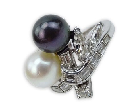 Vintage Multi Cut Diamond, Pearl and Platinum Cross Over Ring. Diamonds F-G color, VS2-SI1 clarity. Signed Plat. Good vintage