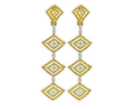 Pair of Modern Design Round Brilliant Cut Fancy Intense Yellow and White Diamond and 18 Karat Yellow Gold Chandelier Earrings