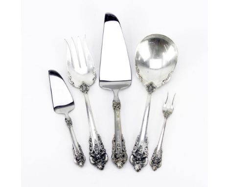 Lot of Five (5) Wallace Grande Baroque Sterling Silver Serving pieces. Includes casserole spoon 9-1/4", meat fork, pickle for