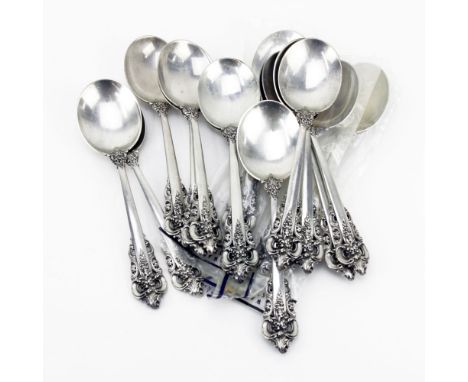 Lot of Fifteen (15) Wallace Grande Baroque Sterling Silver Cream Soup Spoons. Signed. Good condition. 3 in original bags. Mea
