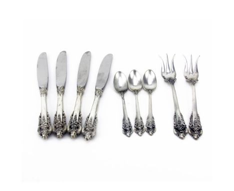 Lot of Nine (9) Wallace Grande Baroque Sterling Silver Miscellaneous Flatware Pieces. Lot includes 4 butter spreaders, stainl