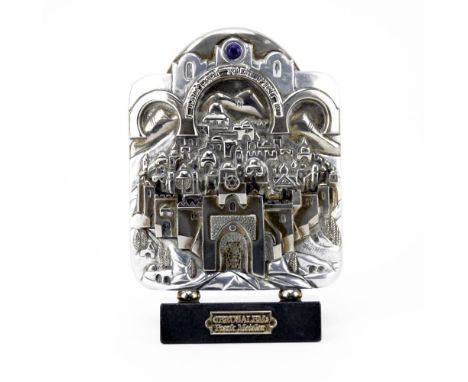 Frank Meisler Sterling Silver and Gold Plated Jerusalem Plaque on Marble Base. Signed and numbered 688/980. Some wear to gold