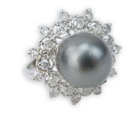 AIG Certified 12.0mm Tahitian Black Pearl, .92 Carat Round Brilliant Cut Diamond and 14 Karat White Gold Ring. Pearl with ver