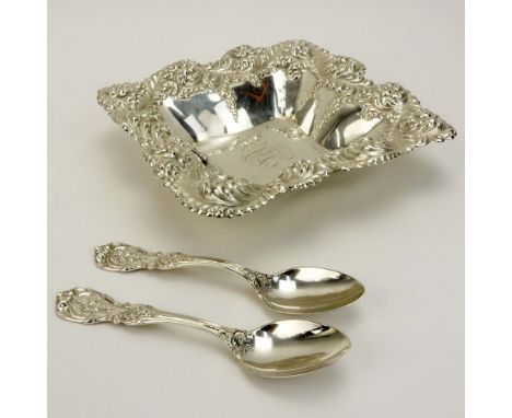 Antique Durgin Sterling Silver Chased Square Bowl And Two Reed & Barton  Francis I Teaspoons. Good condition. Measures 1-1/2"