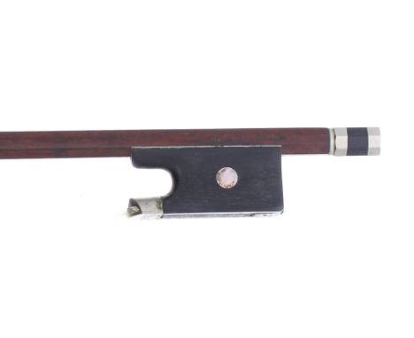 Nickel mounted violin bow stamped Caressa &amp; Francais, the stick octagonal, the ebony frog inlaid with pearl eyes and the 