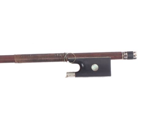 French silver mounted violin bow stamped Charles Enel á Paris, the stick round, the ebony frog inlaid with pearl eyes and the