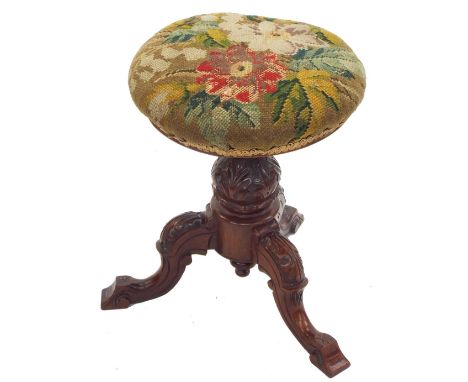 19th century tripod music stool with circular cushion seat upon acanthus carved cabbriole legs