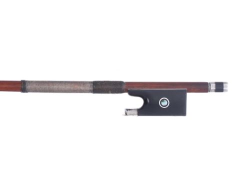 Good German violin bow from Ludwig Bausch, the stick round, the ebony frog inlaid with silver rings enclosing pearl eyes and 