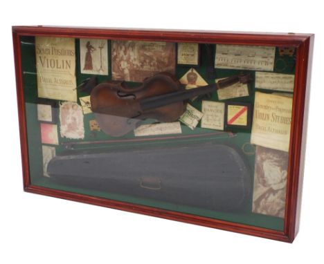 Rectangular pine glazed case displaying an old violin, bow case, fittings and violin ephemera, 25" high x 41" wide