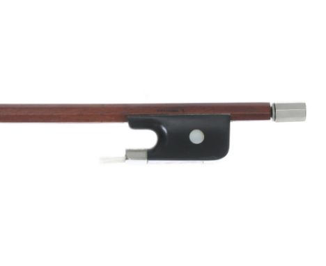 French nickel mounted violin bow stamped L. Morizot, the stick round, the ebony frog inlaid with pearl eyes and with a nickel