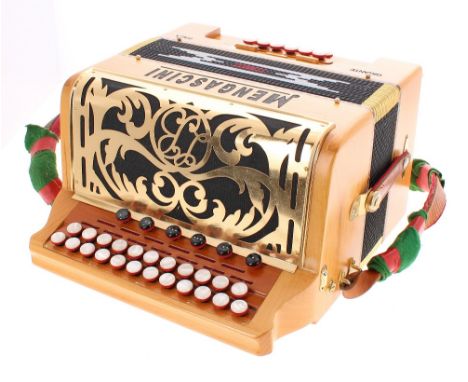 Good Italian Mengascini Gigante button accordion, within a walnut and brass mounted case, also with  hinged carrying case  