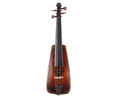 Interesting pochette or dancing master's kit, the trapezoid shaped body with geometric pierced sound hole and foliate carved 