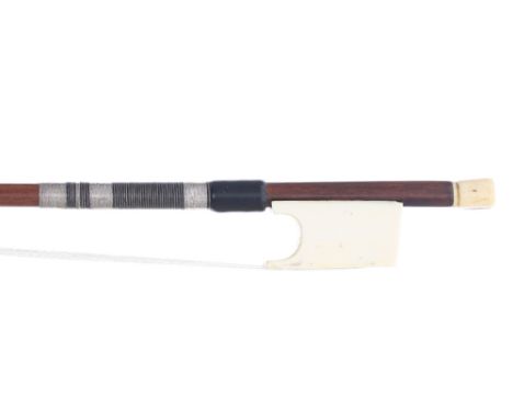 Interesting French ivory mounted violin bow with Cramer style head circa 1780, the stick round, the ivory frog plain and with