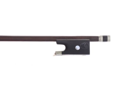 French nickel mounted violin bow of the C N Bazin workshop stamped Lupot, the stick round, the ebony frog inlaid with pearl e