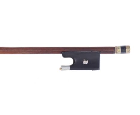 French nickel mounted violin bow stamped Stentor, the stick round, the ebony frog inlaid with pearl eyes and the ebony adjust