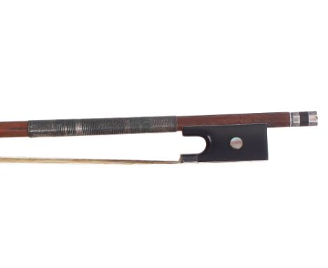 Fine French silver mounted violin bow stamped Edition Chanot, circa 1890, the stick round, the ebony frog inlaid with pearl e