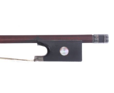 Interesting old silver mounted violin bow stamped Dodd, the stick round, the ebony frog inlaid with pearl eyes and the ebony 