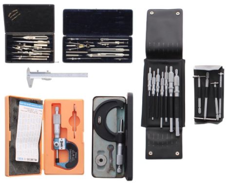Group of modern draughtsman's tools and workshop measuring tools, all in cases and wallets (7)
