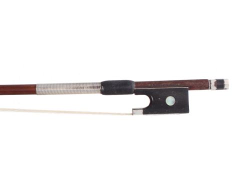 German silver mounted violin bow by and stamped H.R. Pfretzschner, the stick round, the ebony frog inlaid with pearl eyes and