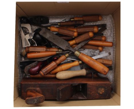 Various workshop tools, comprising fifteen chisels (some by Buck's of Tottenham Court road), five hand saws, seven metal plan
