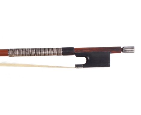 Good Silver mounted violin bow by and stamped Chanot, the stick round, the ebony frog plain and with a silver overlaid ebony 