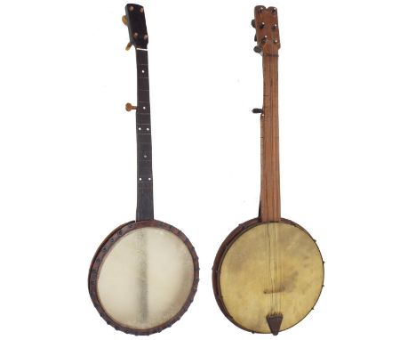 Early provincial seven string fretless open back minstrel banjo, with 11" skin and 24" scale; together with another five stri