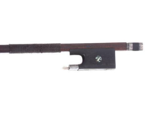 Silver mounted violin bow stamped Mauchard, the stick round, the ebony frog inlaid with pearl eyes and the ebony adjuster wit