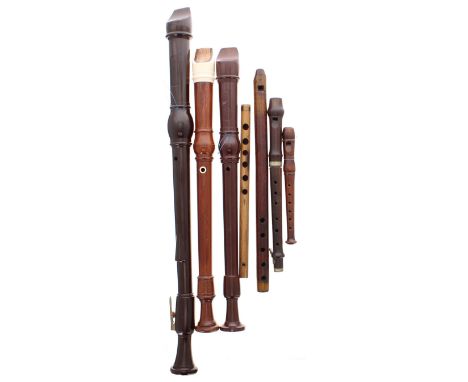 Dolmetsch Dolonite tenor and treble recorders; together with another Dolmetsch treble recorder, two further wooden recorders 