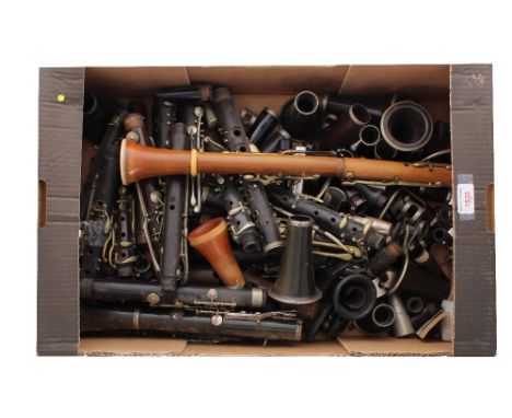 Large quantity of clarinet parts, including mouthpieces, barrels, bodies and end bells; also a boxwood clarinet with no barre