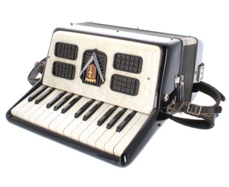 Frontalini small piano accordion with twelve bass buttons, black and mother of pearl finish, case; also a quantity of old she