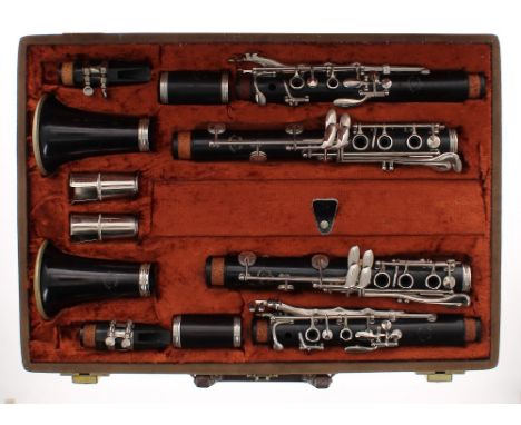 Pair of Buffet Crampon Evette Schaeffer clarinets in A and B flat, ser. nos. K41537 and K41747, with mouthpieces and ligature