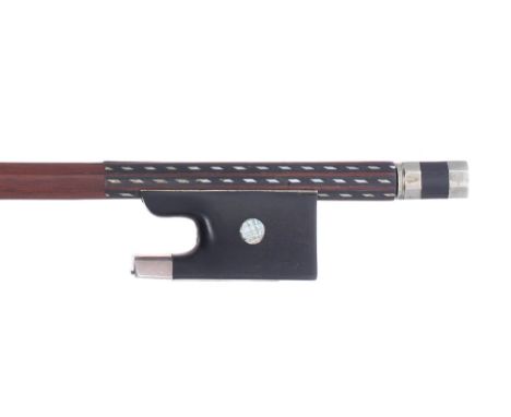 Nickel mounted violin bow of the Knopf School, unstamped, the handle with bands of chequered mother of pearl and ebony inlaid