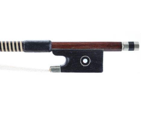 Nickel mounted violin bow, unstamped, the stick octagonal, the ebony frog inlaid with silver rings enclosing pearl eyes and t