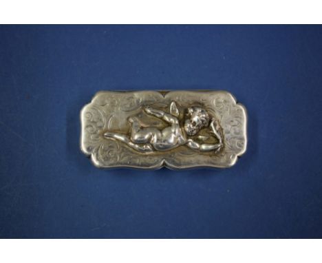 A Victorian silver snuff box, by Nathaniel Mills, Birmingham 1841, having cast cherub decorated lid, with floral chased decor