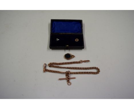 A 9ct rose gold watch chain, having attached 9ct swivel set bloodstone, 40cm, 46.9g without swivel; together with a 9ct stick