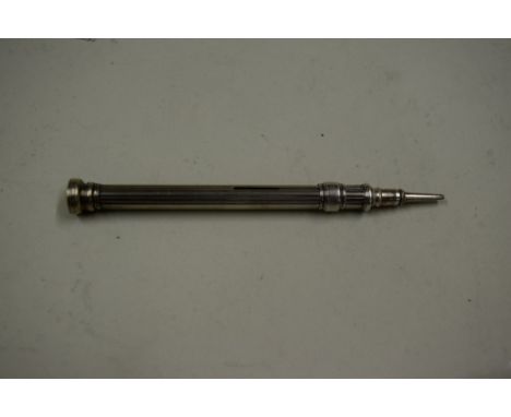 A unmarked silver propelling pencil, by S Mordan, circa 1823-4, with gem set finial engraved 'Be Punctual', marked Mordan Pat