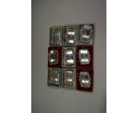 Nine boxed matching silver decanter labels, by Francis Howard Ltd, Sheffield 1996-97 and 1999, comprising three Port; two Rum